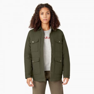 Green Dickies Duck High Pile Fleece Lined Chore Coat Women's Jacket | 587-NIGJFR