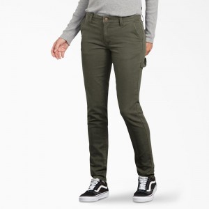 Green Dickies FLEX Slim Fit Duck Carpenter Women's Pants | 253-RLNIAH