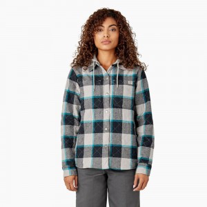 Green Dickies Flannel Hooded Shirt Women's Jacket | 832-AYRQXD