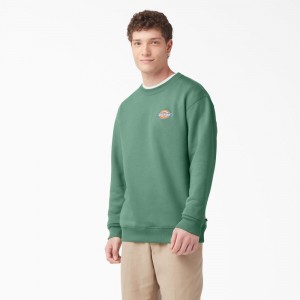 Green Dickies Fleece Embroidered Chest Logo Men's Sweatshirt | 784-BFUDHQ