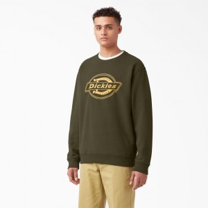 Green Dickies Fleece Logo Graphic Men's Sweatshirt | 240-VNJEBM