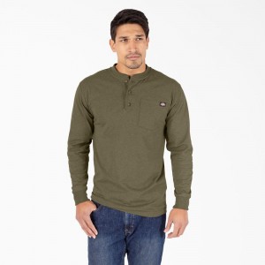 Green Dickies Heavyweight Heathered Long Sleeve Henley Men's T-Shirt | 975-HFOGJC