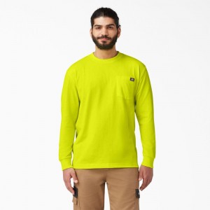 Green Dickies Heavyweight Neon Long Sleeve Pocket Men's T-Shirt | 039-HDFOTW