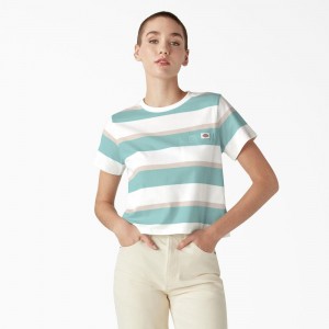 Green Dickies Large Striped Cropped Pocket Women's T-Shirt | 528-VGUHQR