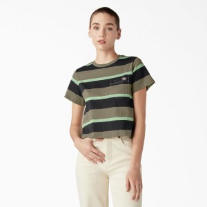 Green Dickies Large Striped Cropped Pocket Women's T-Shirt | 158-UDNPXO