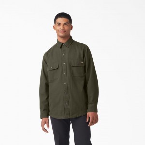 Green Dickies Long Sleeve Flannel-Lined Duck Men's Shirt | 180-HIUACD