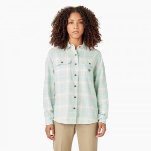 Green Dickies Long Sleeve Flannel Women's Shirt | 290-OLDAJY