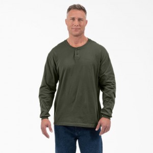 Green Dickies Long Sleeve Henley Men's T-Shirt | 814-PHVCRY