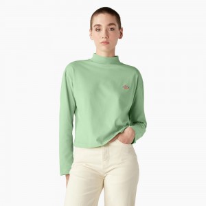 Green Dickies Mapleton High Neck Long Sleeve Women's T-Shirt | 403-JGNCLB