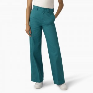 Green Dickies Regular Fit Wide Leg Women's Work Pants | 932-GFMSRO