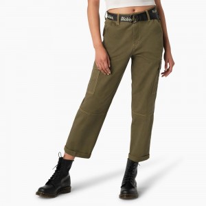 Green Dickies Relaxed Fit Contrast Stitch Cropped Women's Cargo Pants | 057-LQXSFK