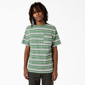 Green Dickies Relaxed Fit Striped Pocket Men's T-Shirt | 017-ZVOEUA