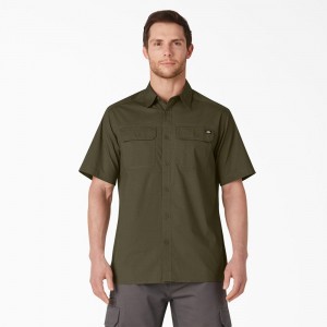 Green Dickies Short Sleeve Ripstop Men's Work Shirts | 049-RAJDMF