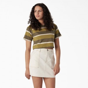 Green Dickies Striped Cropped Pocket Women's T-Shirt | 256-NCJBAX