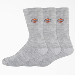 Grey Dickies Embroidered Crew 3-Pack Men's Socks | 692-GJIZFB