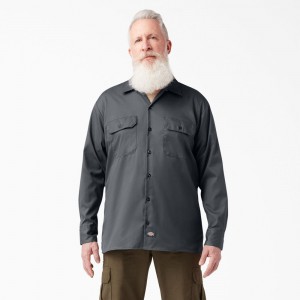 Grey Dickies FLEX Relaxed Fit Long Sleeve Men's Work Shirts | 720-EAFOSL