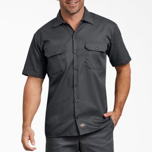 Grey Dickies FLEX Relaxed Fit Short Sleeve Men's Work Shirts | 783-TKOSIG