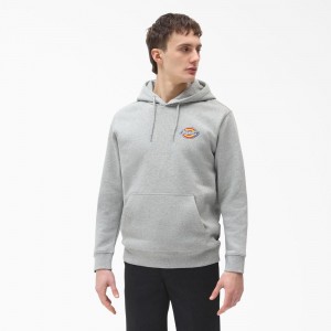 Grey Dickies Fleece Embroidered Chest Logo Men's Hoodie | 379-GLBMKJ