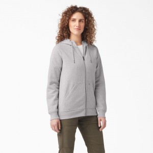 Grey Dickies Heavyweight Full-Zip Fleece Women's Hoodie | 790-KGQVJN