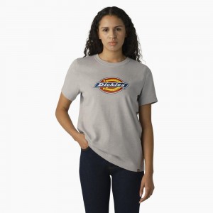 Grey Dickies Heavyweight Logo Women's T-Shirt | 421-SBIJDL