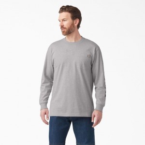 Grey Dickies Logo Graphic Long Sleeve Pocket Men's T-Shirt | 172-KWHOTY