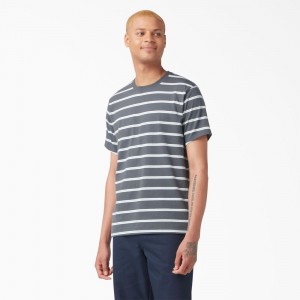 Grey Dickies Skateboarding Striped Men's T-Shirt | 948-KZMVIL