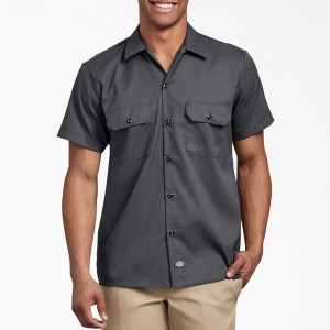 Grey Dickies Slim Fit Short Sleeve Men's Work Shirts | 593-UZSJTL