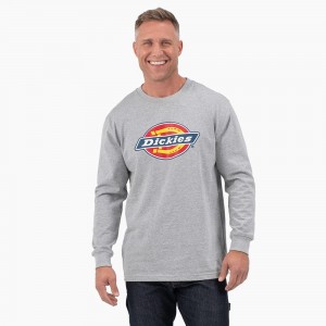 Grey Dickies Tri-Color Logo Graphic Long Sleeve Men's T-Shirt | 827-TCFSBM