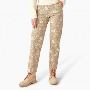 Khaki Dickies Ellis Floral Duck Canvas Women's Pants | 782-GBYRQO