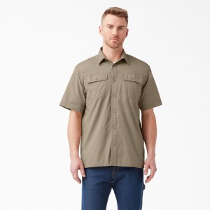 Khaki Dickies Short Sleeve Ripstop Men's Work Shirts | 802-DMHXFK