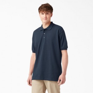 Navy Dickies Adult Size Piqué Short Sleeve Men's Polo Shirt | 604-KYTEXM