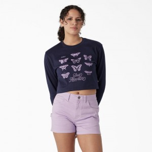 Navy Dickies Butterfly Graphic Long Sleeve Cropped Women's T-Shirt | 395-SEYORW