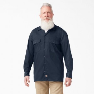 Navy Dickies FLEX Relaxed Fit Long Sleeve Men's Work Shirts | 794-JZPBMT