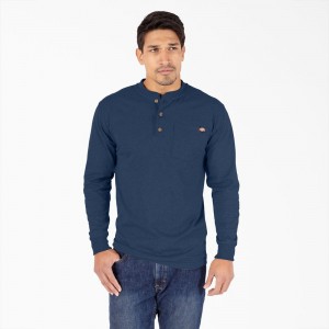 Navy Dickies Heavyweight Heathered Long Sleeve Henley Men's T-Shirt | 395-GOYVEA