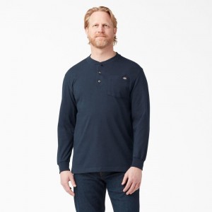 Navy Dickies Heavyweight Long Sleeve Henley Men's T-Shirt | 328-ITUPYQ