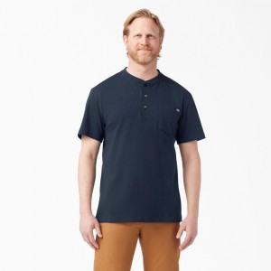 Navy Dickies Heavyweight Short Sleeve Henley Men's T-Shirt | 148-UQRVAJ