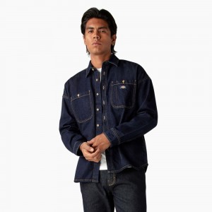 Navy Dickies Houston Denim Men's Shirt | 847-SFHJQL