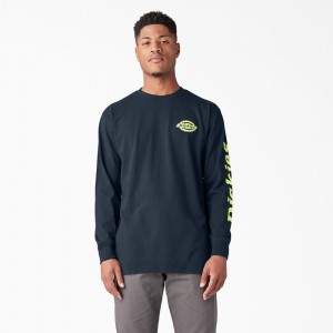 Navy Dickies Long Sleeve Heavyweight Logo Men's T-Shirt | 950-SNXHDU