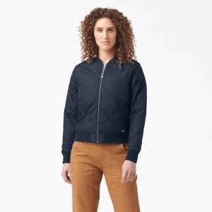 Navy Dickies Quilted Bomber Women's Jacket | 890-XFWEJC