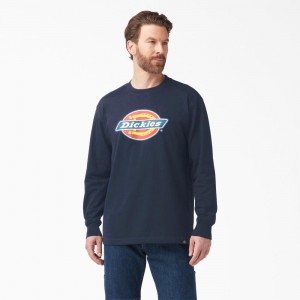 Navy Dickies Tri-Color Logo Graphic Long Sleeve Men's T-Shirt | 164-SCDRYN