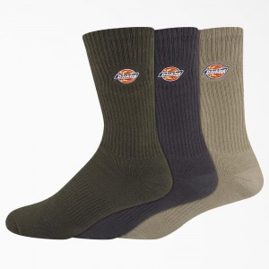 Olive Dickies Embroidered Crew 3-Pack Men's Socks | 102-ZUALKN