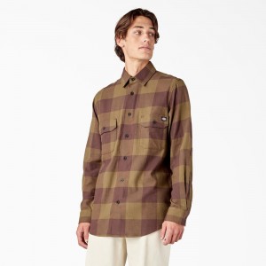 Olive Dickies Long Sleeve Flannel Men's Shirt | 563-VJSOXT