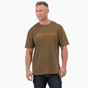 Olive Dickies Short Sleeve Wordmark Graphic Men's T-Shirt | 406-JIQUXN