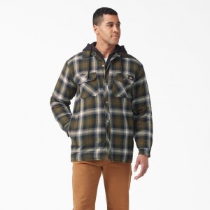 Olive Dickies Water Repellent Flannel Hooded Shirt Men's Jacket | 672-NSPTAW