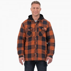 Orange Dickies Flannel Hooded Shirt Men's Jacket | 725-WMJFEN