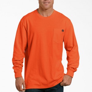 Orange Dickies Heavyweight Neon Long Sleeve Pocket Men's T-Shirt | 082-FOTKMH