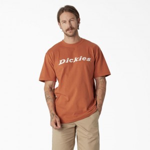 Orange Dickies Short Sleeve Wordmark Graphic Men's T-Shirt | 583-GBXHIO