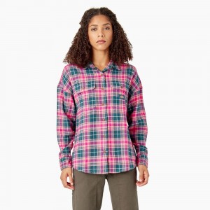 Pink Dickies Long Sleeve Flannel Women's Shirt | 845-GLCPJS