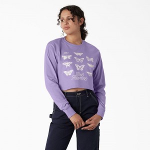 Purple Dickies Butterfly Graphic Long Sleeve Cropped Women's T-Shirt | 095-EKHMQP