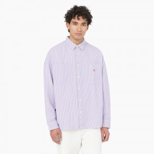 Purple Dickies Hickory Stripe Long Sleeve Men's Work Shirts | 943-QGMOLZ